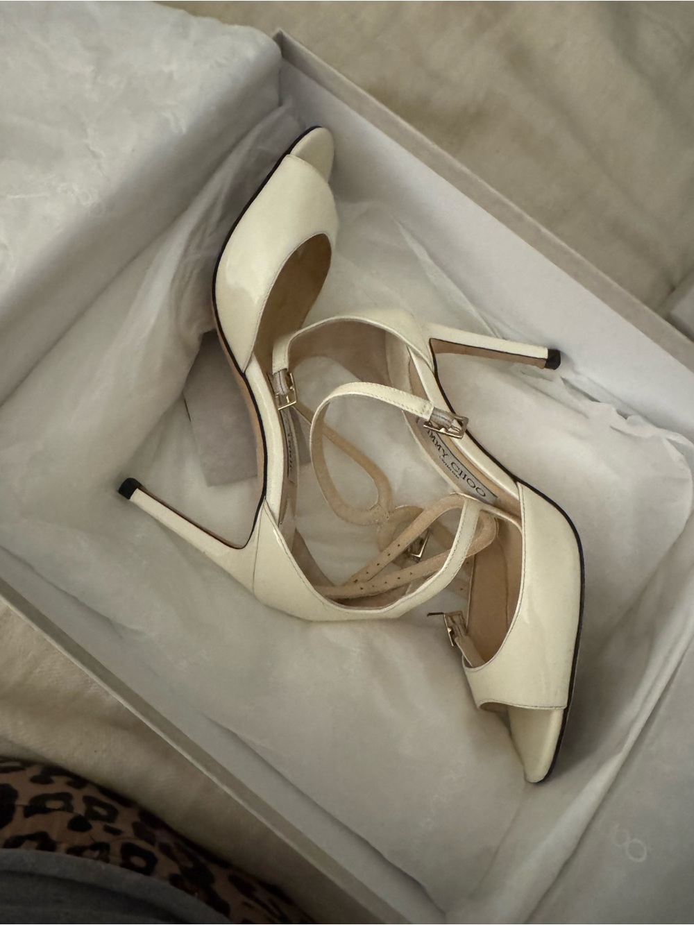 Jimmy Choo Cream Patent Leather Ankle‑Strap Stiletto Heels - Picture 3 of 9